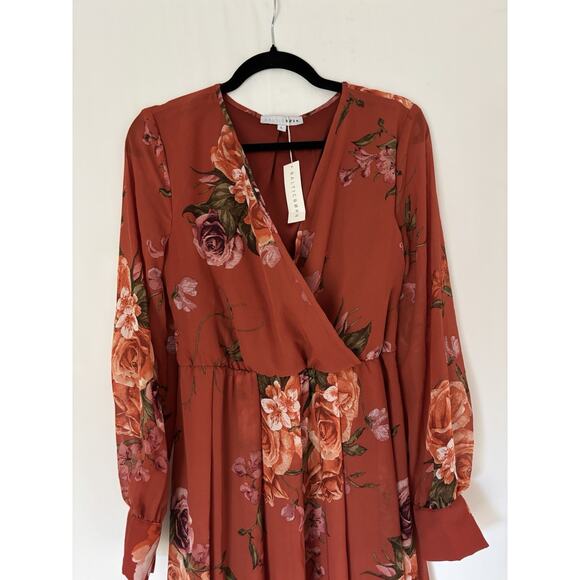 Baltic Born Dress Large Maxi Long Orange Floral Aline Long Sleeve Vneck New - Picture 2 of 13